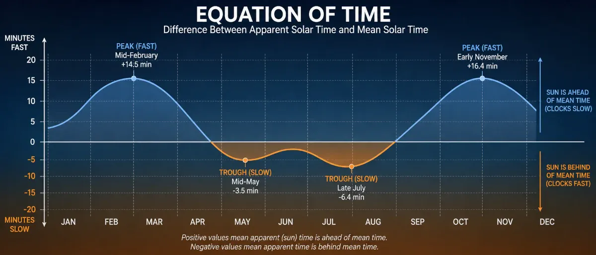 Equation of time graph showing minutes fast or slow across the year