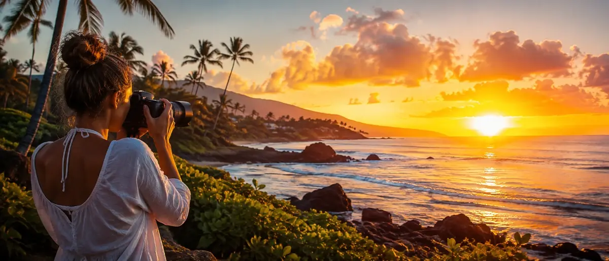 Photographer setting up a camera on a tripod to photograph a sunrise over a landscape