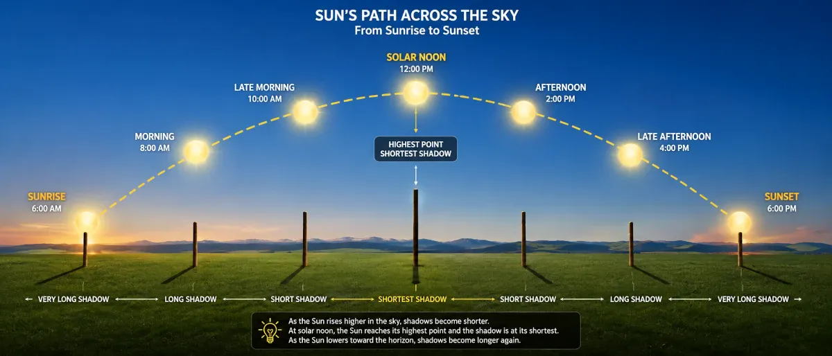 Sun's path across the sky throughout the day, peaking at solar noon