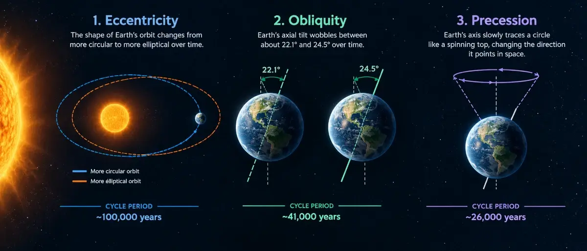 Illustration of the three Milankovitch cycles: axial obliquity, precession, and orbital eccentricity