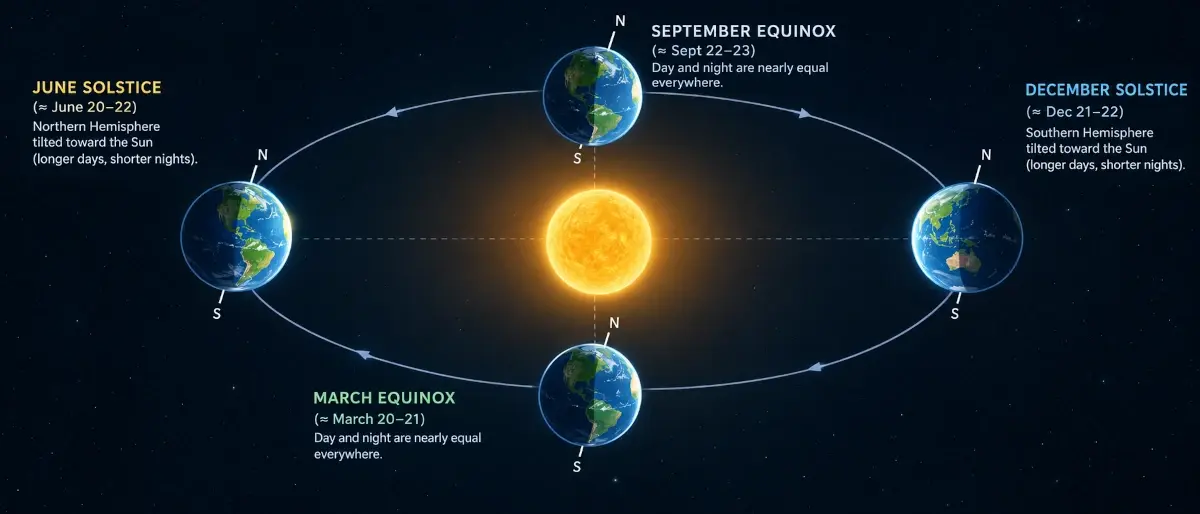 Graph of the Sun's declination across the year, showing +23.4 degrees, 0 degrees, -23.4 degrees, and back to 0 degrees