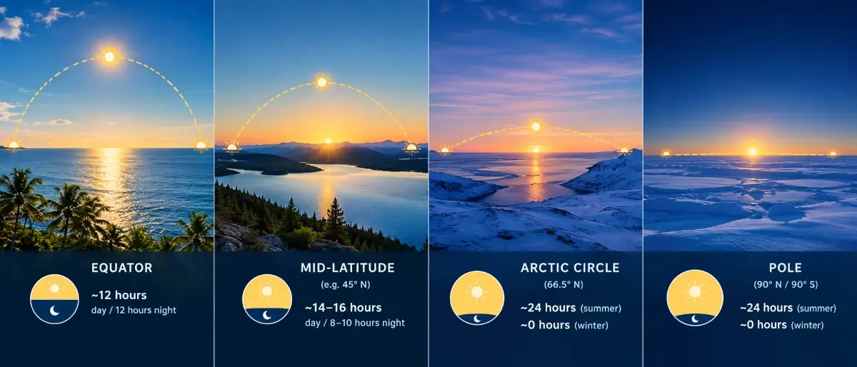 Comparison chart of day length at the equator, mid-latitudes, the Arctic Circle, and the pole across the year