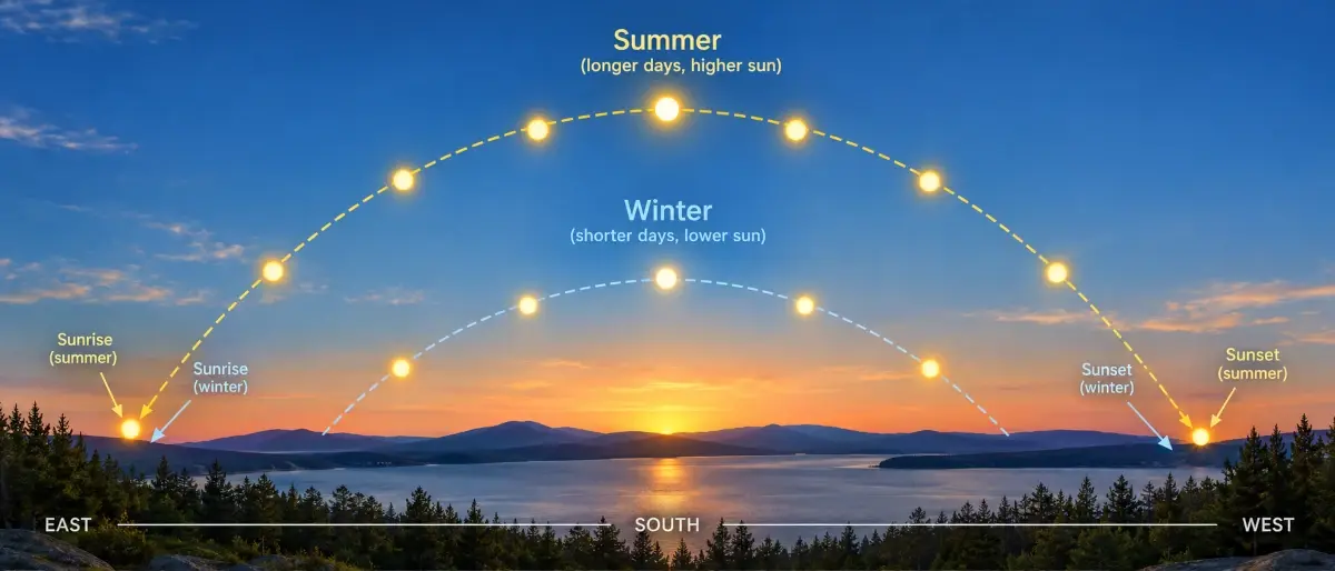 Diagram comparing the Sun's apparent path across the sky at a mid-latitude location during summer and winter